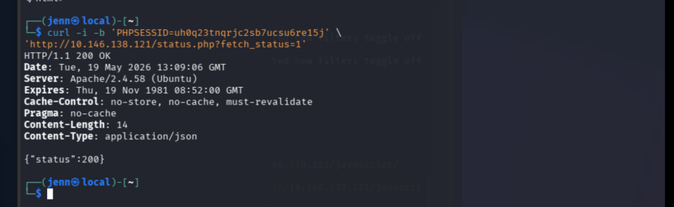 fetch_status=1 confirming admin is reachable from the backend